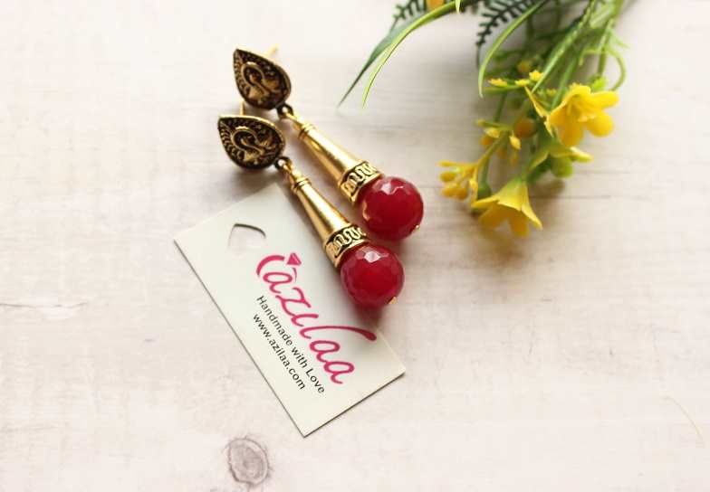 Layered mix pink antique golden necklace earrings set