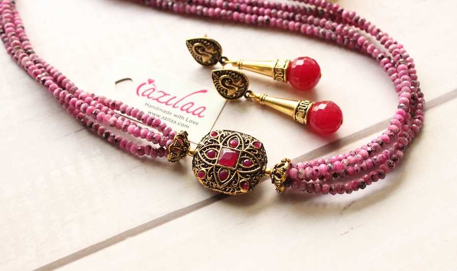 Layered mix pink antique golden necklace earrings set