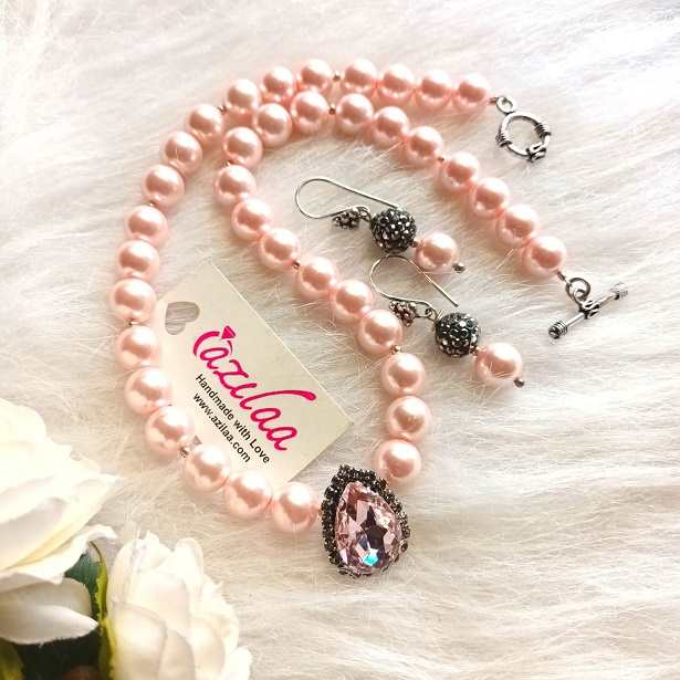 Light Pink pearl crystal pendant choker necklace earrings