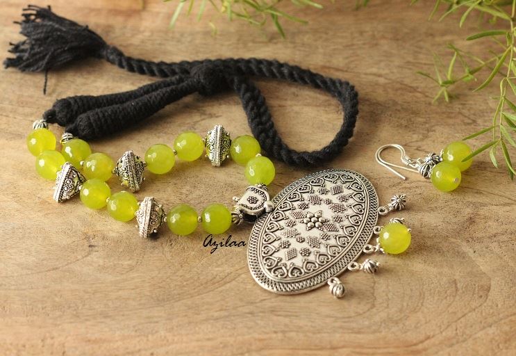 Lime Green Statement artisan handmade necklace earrings set