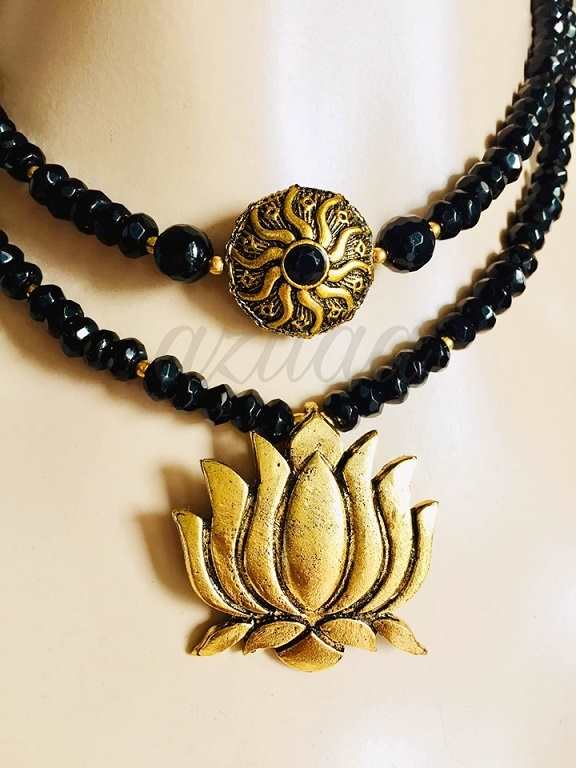 Lotus Black layered beaded necklace earring set gemstone jewelry