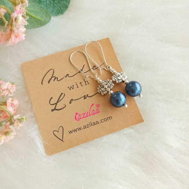Lotus Blue pearl dangler silver tone earrings