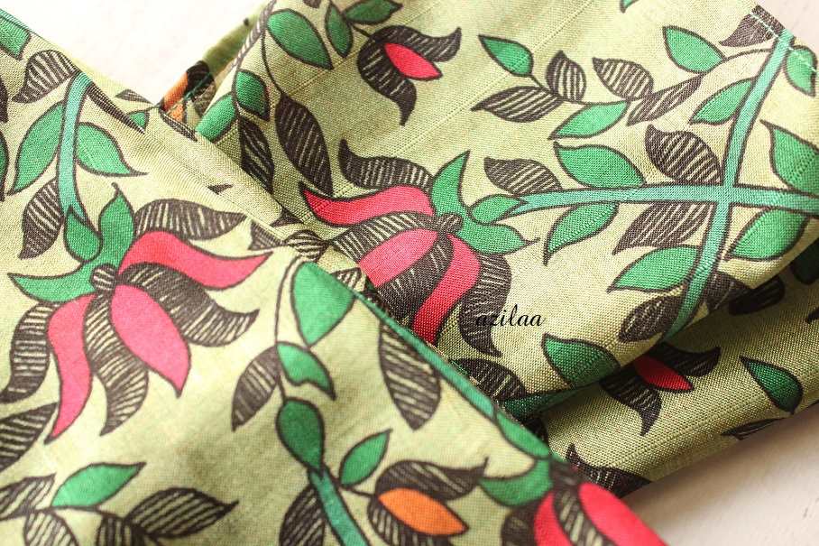 Lotus floral Madubani art Tusser silk scarf