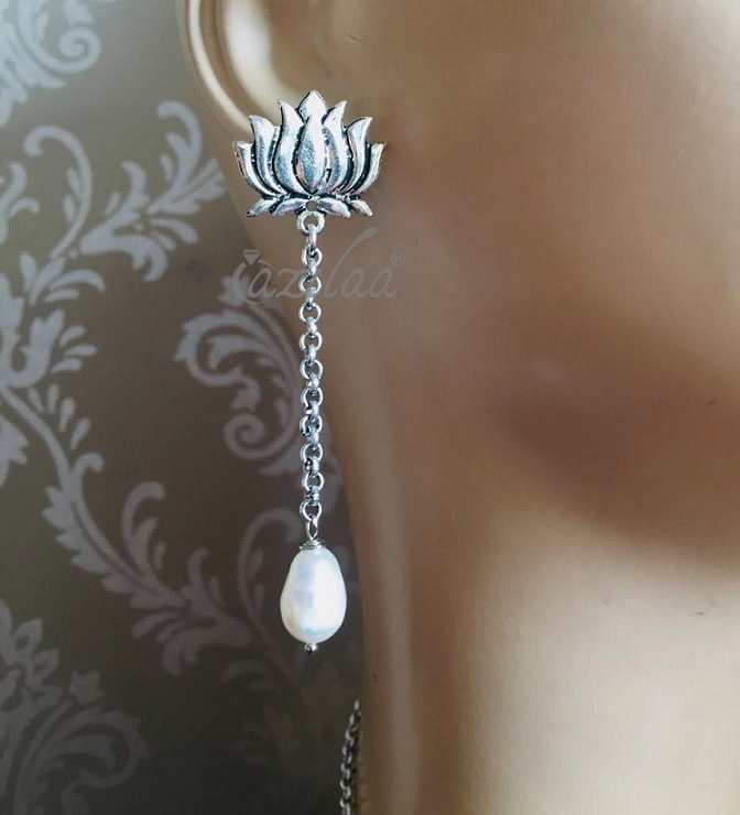 Lotus charm pearl pendant earrings set Designer pearl jewelry