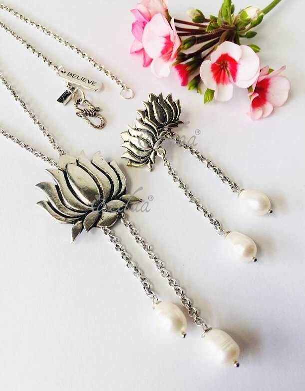 Lotus charm pearl pendant earrings set Designer pearl jewelry