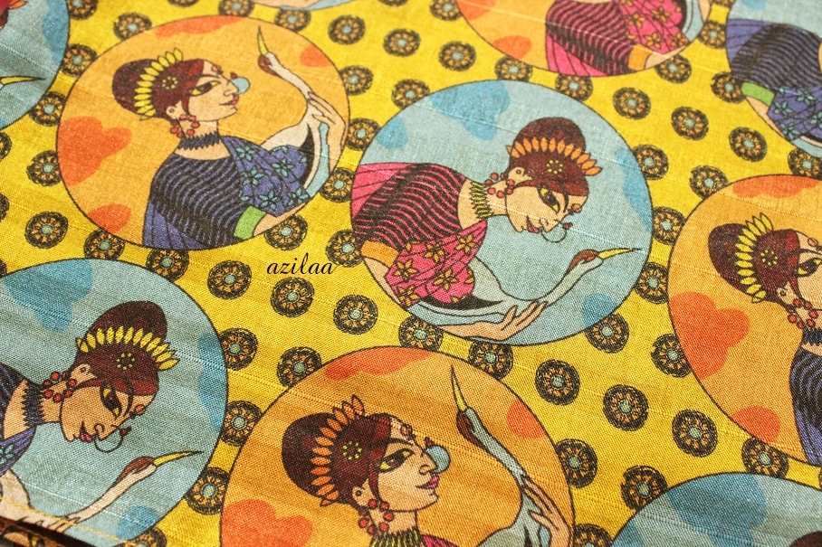 Madubani art yellow Tusser silk scarf square