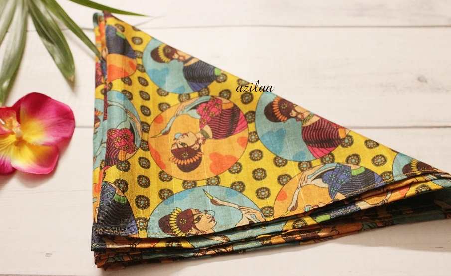 Madubani art yellow Tusser silk scarf square