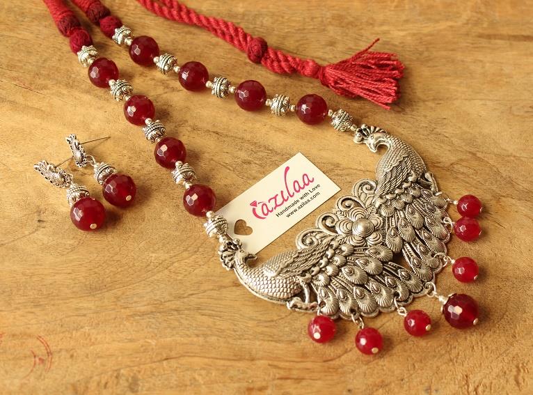 Maroon Peacock Statement handmade necklace set