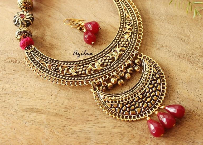 Maroon statement ethnic antique gold tone necklace earrings set