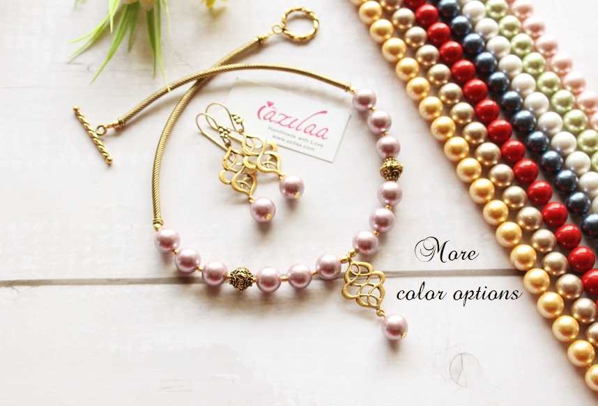 Mauve pearl pendant charm antique gold tone necklace earrings