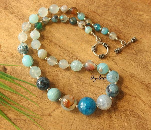 Modern Blue agate gemstone handmade silver necklace
