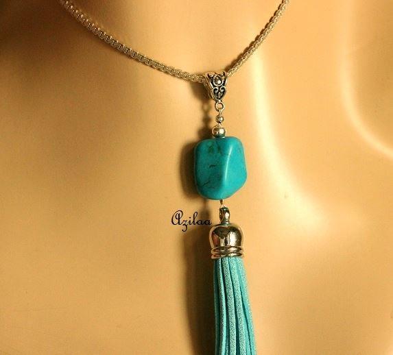 Modern Blue trendy tassel gemstone beaded pendant necklace