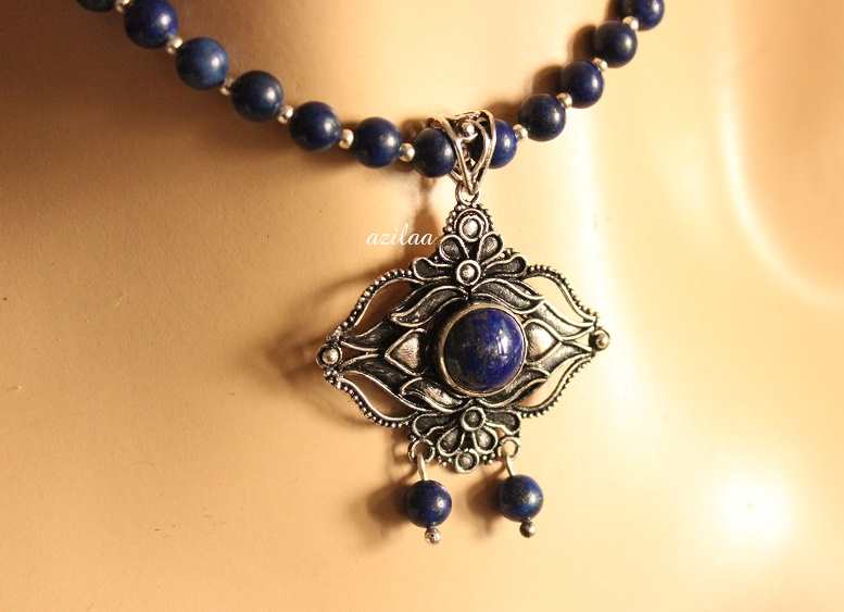 Ethnic oxidized silver Lapis lazuli gemstone Beaded necklace