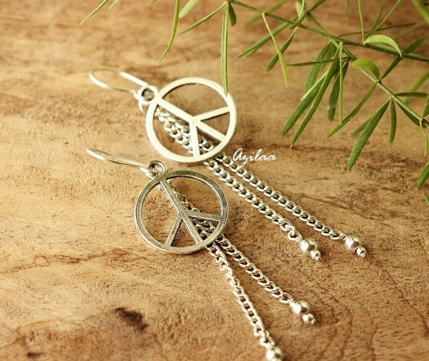 Modern peace charm silver dangler chain earrings