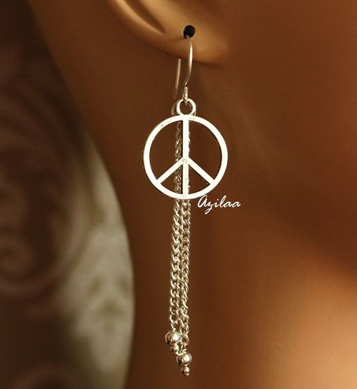 Modern peace charm silver dangler chain earrings