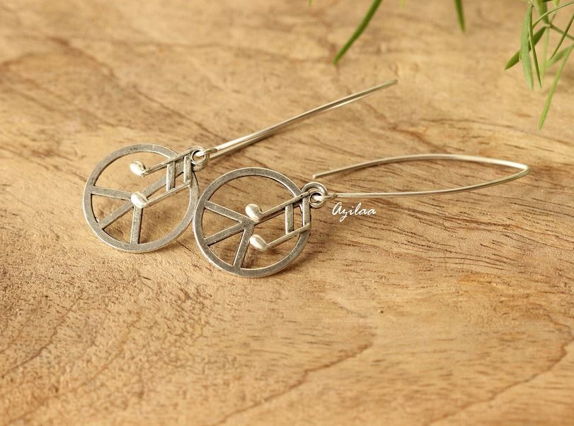 Modern peace charm silver dangler  earrings