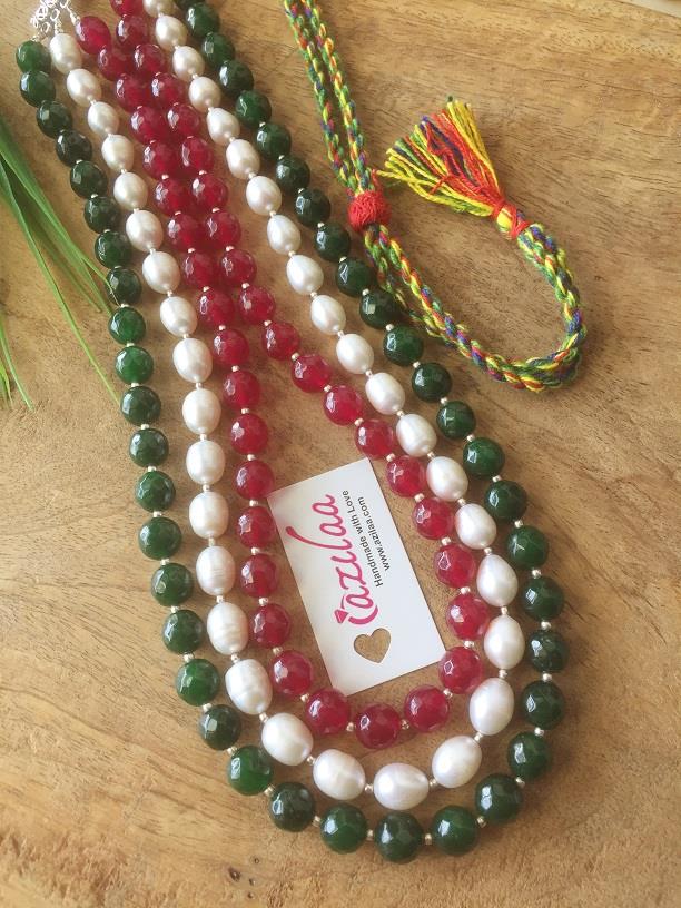 Beaded pearl designer gemstone necklace earrings set