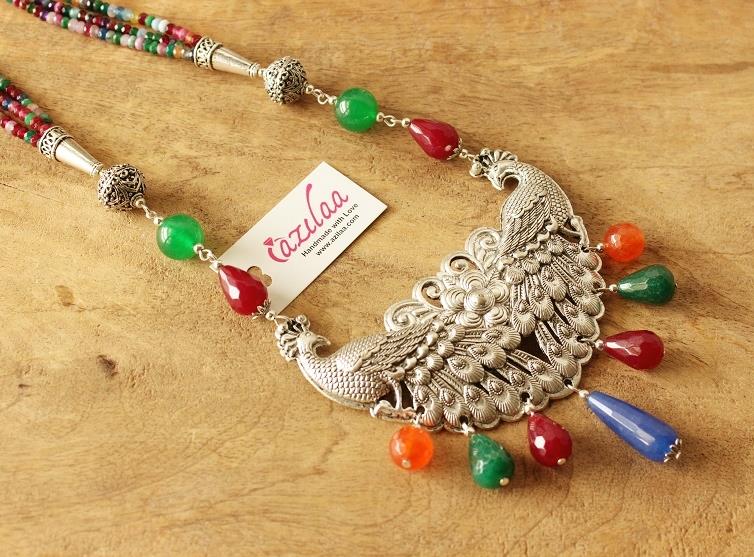 Multi gemstone Peacock Statement handmade necklace set