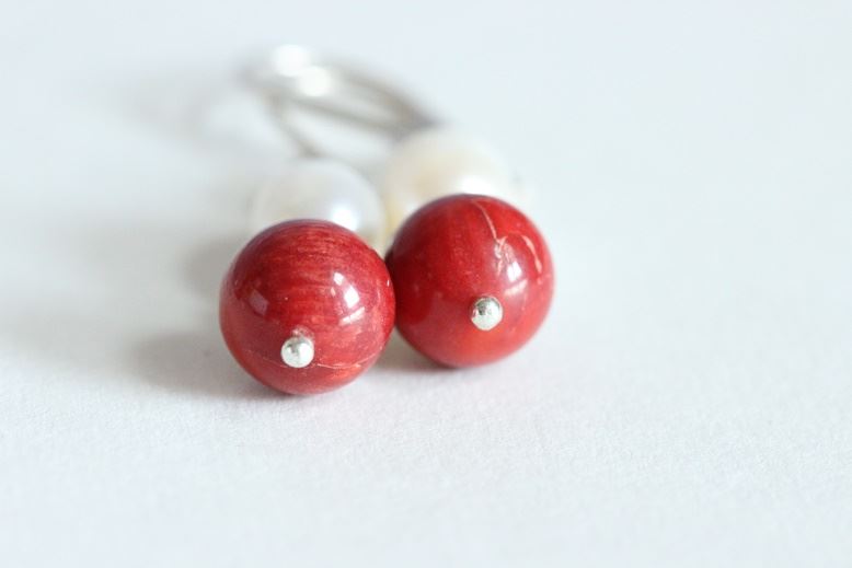 Natural pearl red coral sterling silver handmade earings