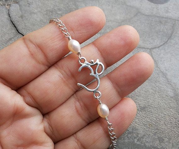 OM pearl sterling silver bracelet, handmade artisan bracelet