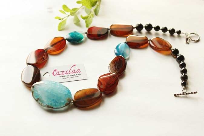 OOAK Blue brown agate onyx gemstone beaded handmade necklace set