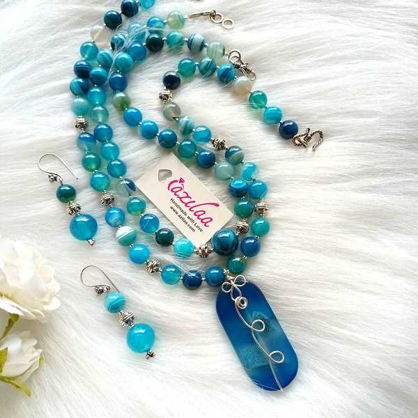 OOAK Blue gemstone beaded handmade necklace set
