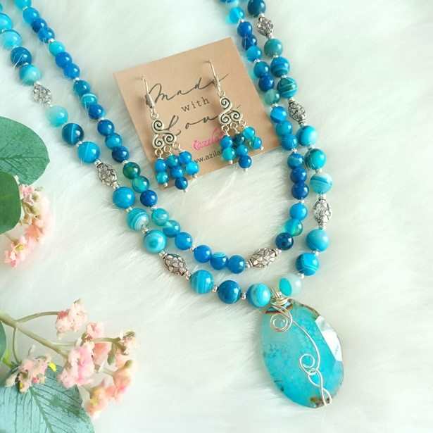 OOAK  Island Blue gemstone beaded handmade necklace set