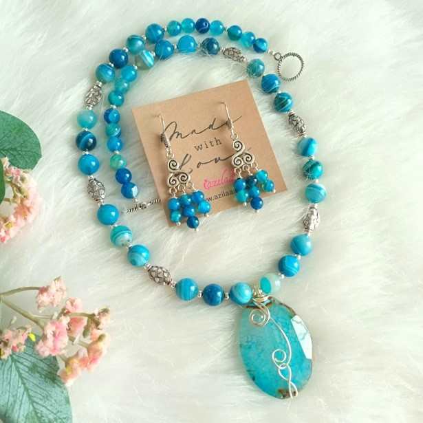 OOAK  Island Blue gemstone beaded handmade necklace set