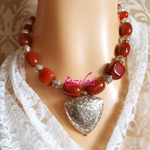 OOAK Red agate carnelian gemstone necklace set at ₹3050 | Azilaa