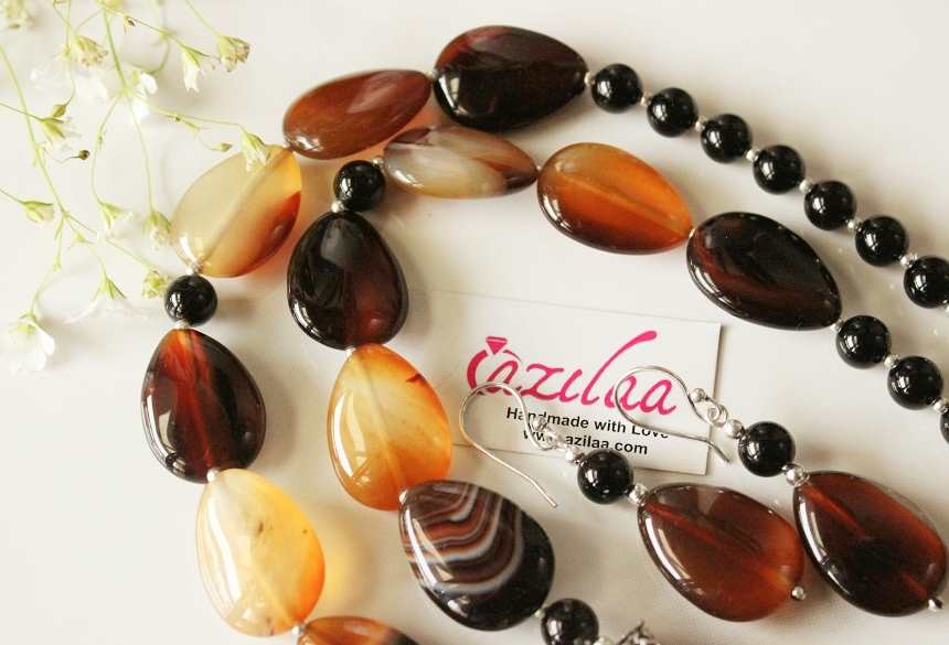 OOAK brown black yellow gemstone beaded necklace earrings set