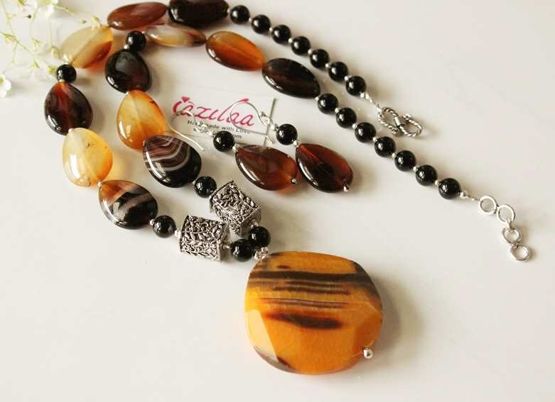 OOAK brown black yellow gemstone beaded necklace earrings set