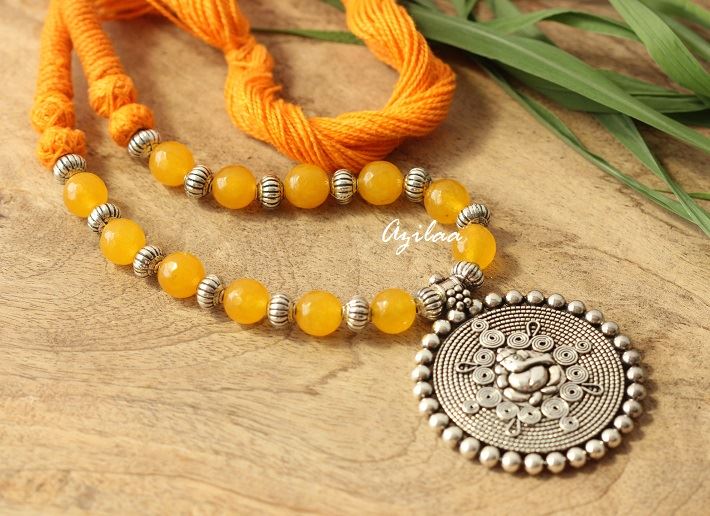 Orange Ganesha gemstone artisan handmade necklace set
