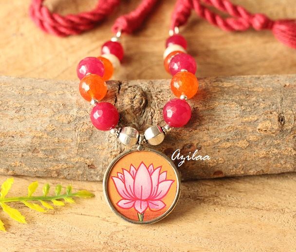 Orange Lotus pink gemstone artisan handmade necklace 