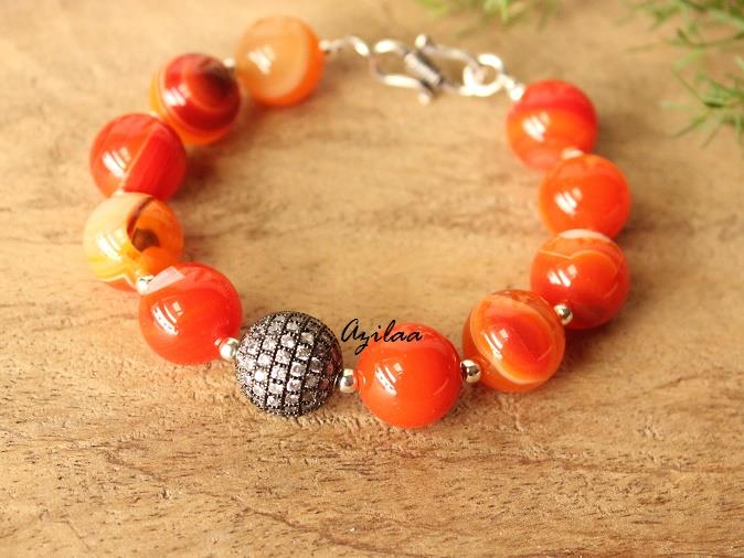Orange Onyx gemstone CZ beaded handmade silver bracelet