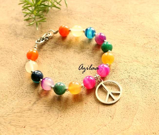 PEACE charm Multi agate gemstone beaded  silver Bracelet