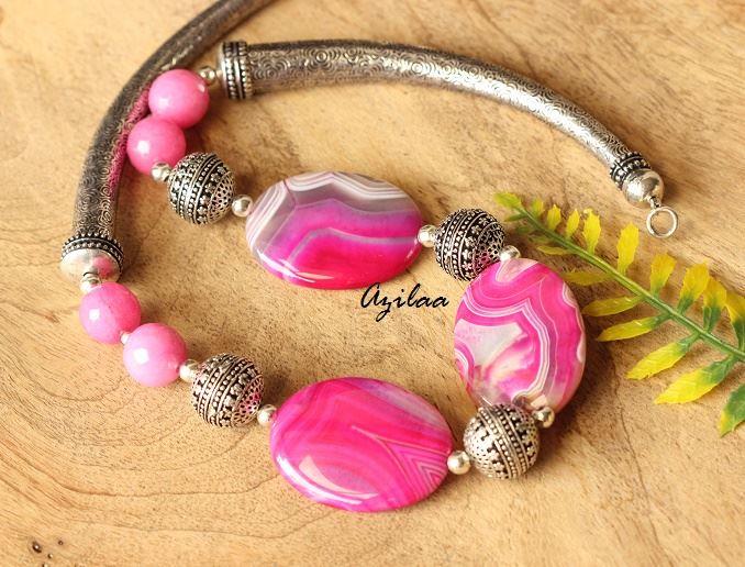 PINK chunky agate gemstone artisan handmade necklace set
