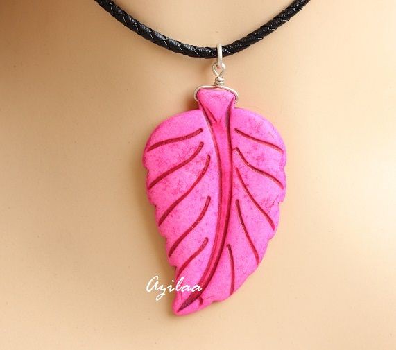 PINK pendant - Leaf pendant - Carved pendant - sterling silver 