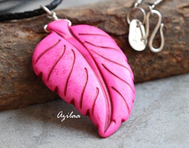 PINK pendant - Leaf pendant - Carved pendant - sterling silver 