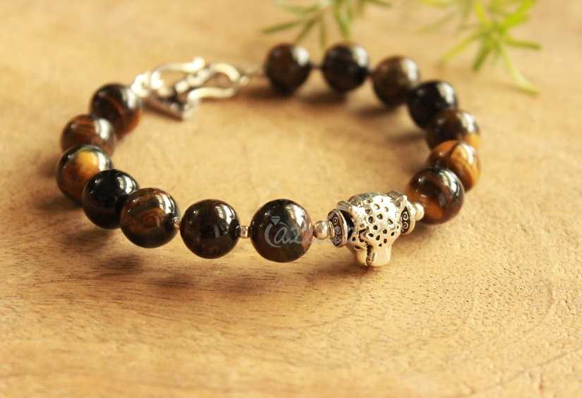 Panther charm Tiger Eye gemstone  men Bracelet