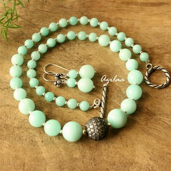 Pastel green necklace earring set, Designer jewelry set at ₹1450 Azilaa