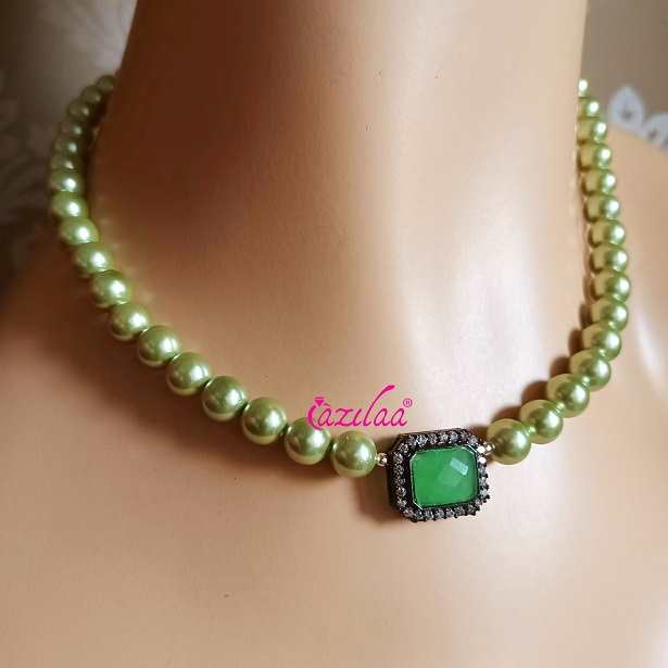 Pastel  green pearl cz pendant necklace earrings