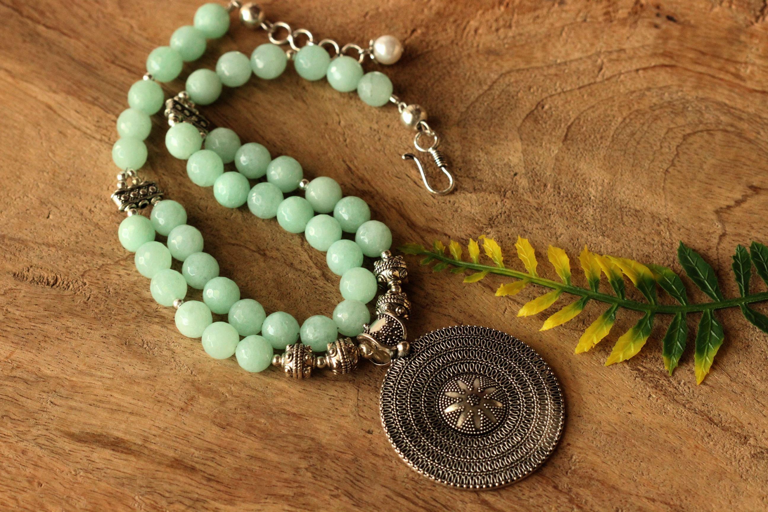 Pastel sea green gemstone handmade beaded pendant necklace set