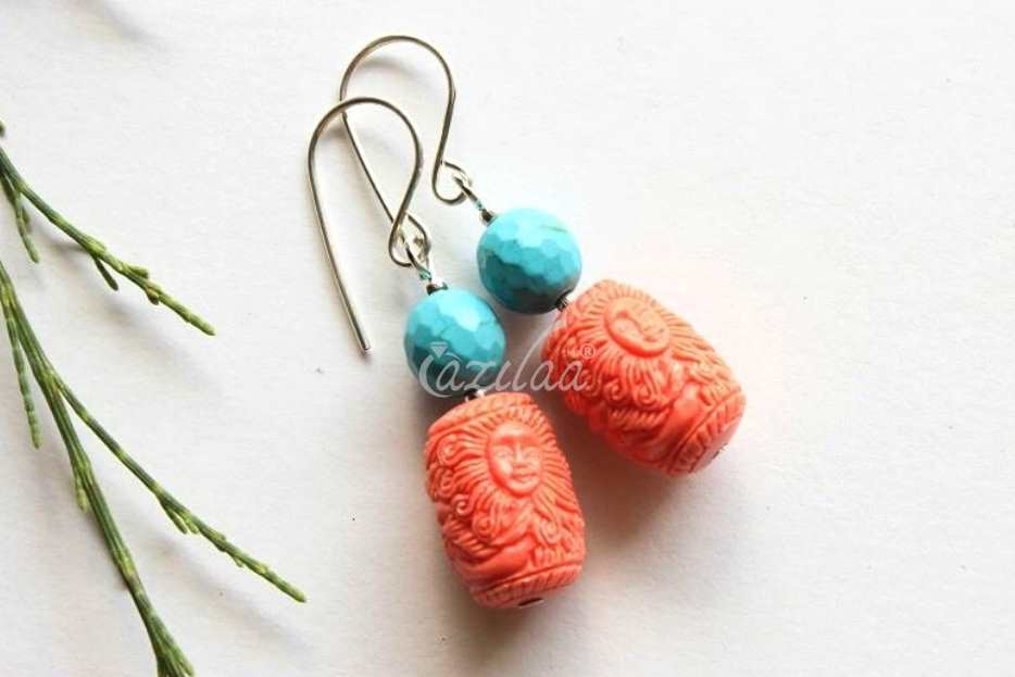 Peach carved mermaid gemstone beaded silver earrings