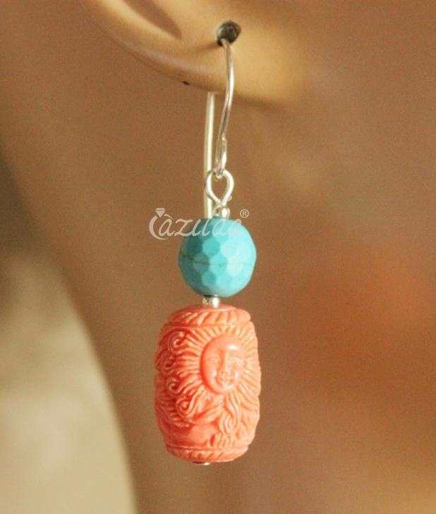 Peach carved mermaid gemstone beaded silver earrings