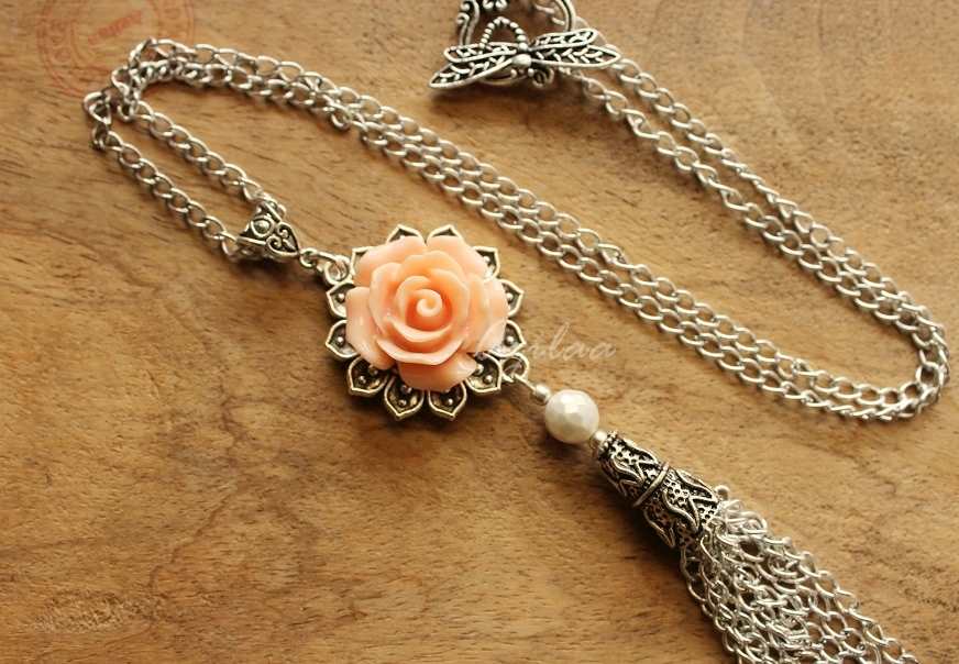 Peach rose Tassel designer handmade silver chain necklace 