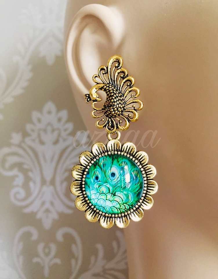 Peacock Green Antique Gold tone gemstone handmade earrings