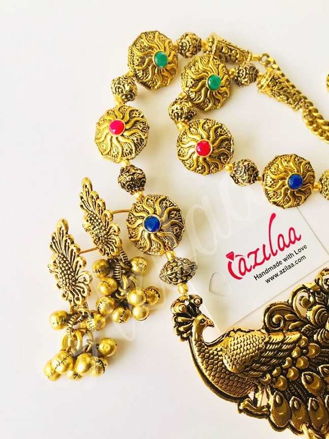 Peacock ethnic gemstone antique gold tone necklace set