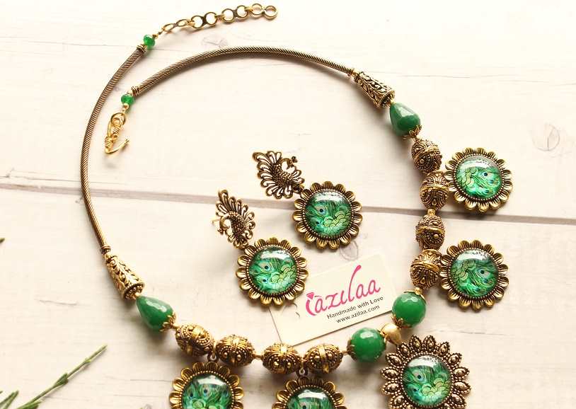 Peacock green antique golden designer necklace set