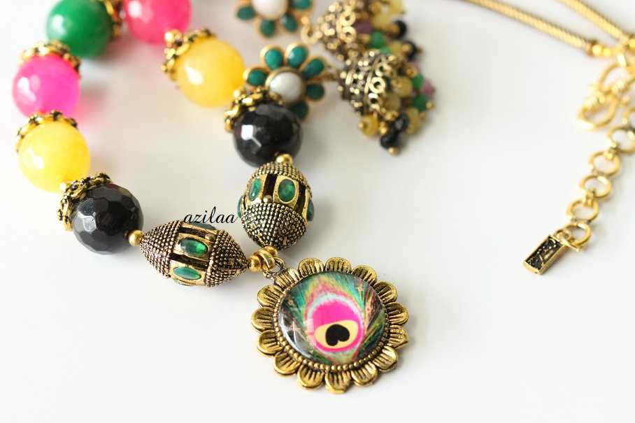 Peacock multi color antique gold tone necklace earrings set