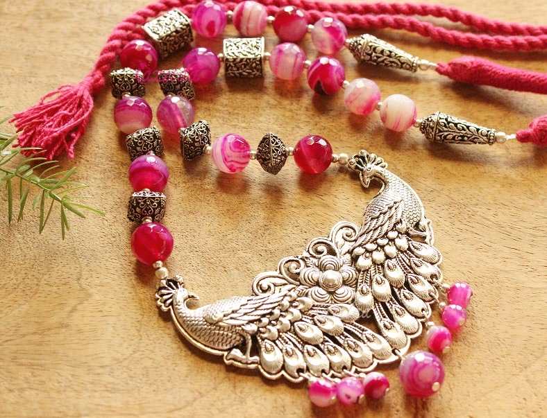 Peacock pink bead pendant necklace gemstone necklace